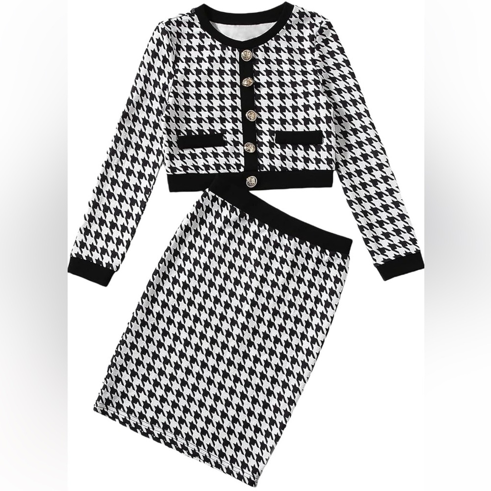 Two piece glamour dressy Chanel like long sleeve top and skirt set